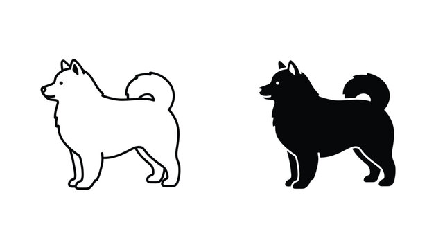 Samoyed dog breed silhouette and line art icon set isolated on white background for veterinary clinic or pet shop branding