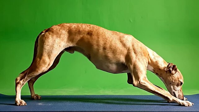 Graceful Brown Dog Stretching on Blue Surface Against Bright Green Background