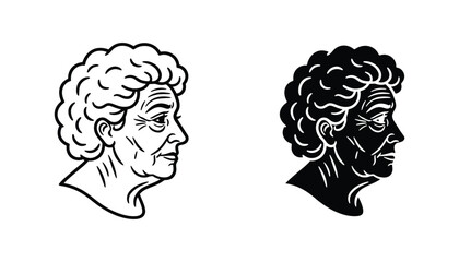 Profile portrait of elderly woman with curly hair in artistic line art and solid black silhouette style © Sonali
