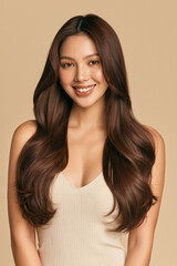 Fototapeta premium gorgeous asian woman with long silky shiny hair on beige background, elegant asian beauty portrait with healthy smooth long hair studio beige backdrop, natural asian model with radiant silky hair