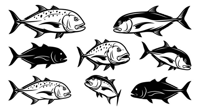 Black and white vector silhouette set of Giant Trevally.