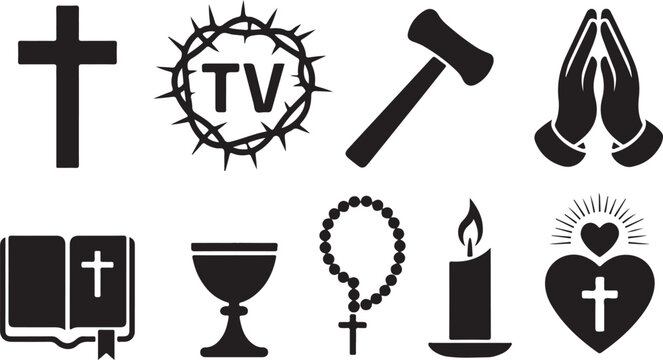 Religious symbols including cross Bible rosary candle chalice crown of thorns praying hands and heart.