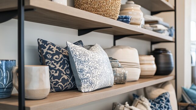 Decorative patterned cushions and ceramic vases displayed on organized wooden shelves within a modern home setting