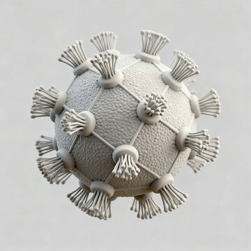 A three-dimensional model of an adenovirus. It shows the non-enveloped icosahedral capsid, with fibrin extending from the pentamer base at each vertex clearly visible.
