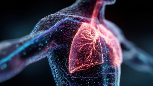 Human Anatomy and Lungs: A detailed, illuminated illustration showcases the human lungs, highlighting the intricate structure and function within the body.
