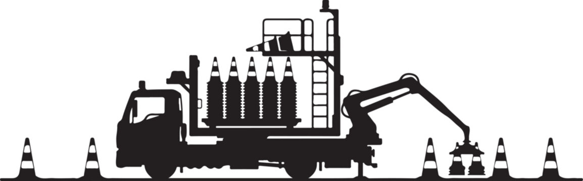 Black silhouette construction truck, roadwork vehicle, traffic cones, industrial equipment, heavy machinery