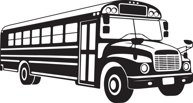 Classic yellow school bus vector art, front three-quarter view, detailed transportation vehicle for education.