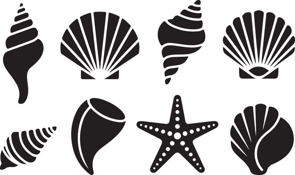 Set of black silhouettes of seashells, starfish and sea creatures on a checkered background, ocean life.