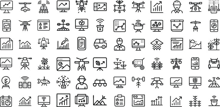 An array of meticulously designed minimalist icons. show the breadth of tech and data concept. The grayscale palette ensures readability and versatility.