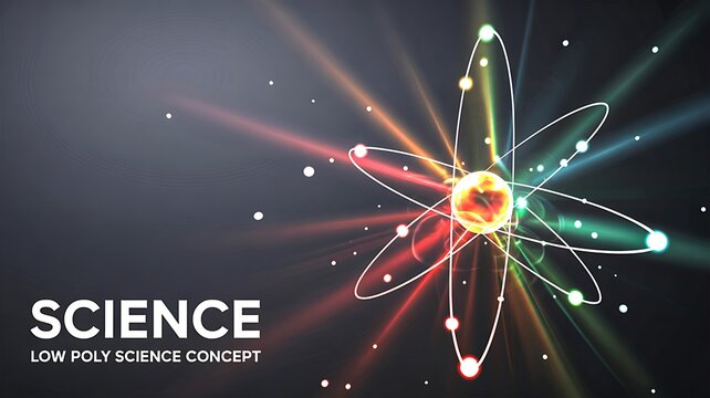 Science concept with atomic structure and energy particles representing research and innovation
