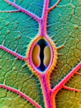 This is a high-resolution image of a single stomata on the surface of a plant leaf. Two bean-shaped guard cells, which form the central pore of the stomata, are clearly visible in the image.