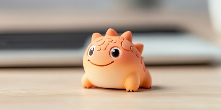 Cute orange dinosaur toy sits on desk, playful, funny, April Fools' Day prank concept, close up on wood surface.