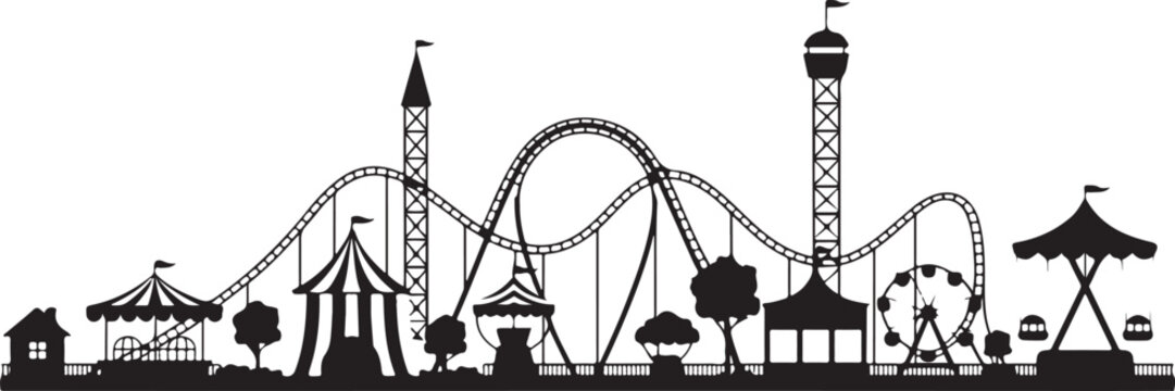 Black amusement park skyline silhouette featuring roller coaster and ferris wheel over transparent background for carnival fun.