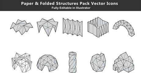 Origami architecture vector icons set, folded structures, collapsible shelters, modular paper design, crease geometry, expandable systems minimal CAD style © ArtFlex