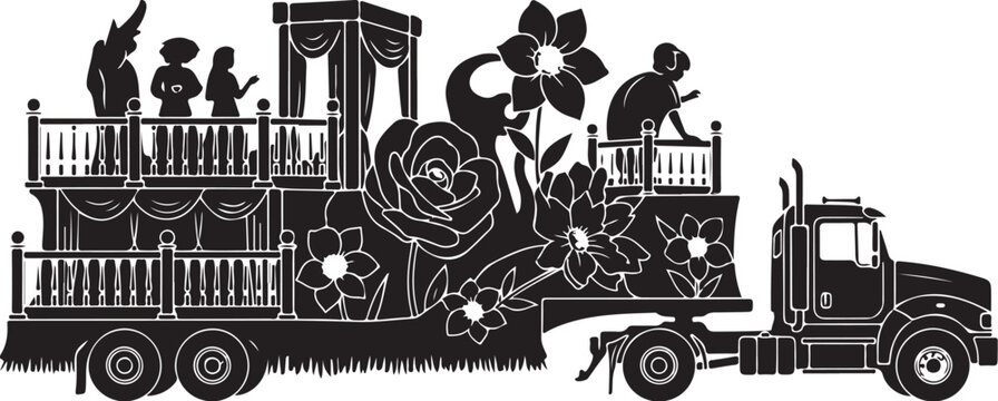 Black floral decorated truck, people party vehicle, festival parade float, silhouette illustration