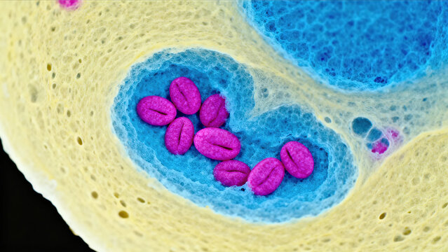 Neisseria gonorrhoeae. The image captures a typical coffee-bean-shaped diplococcus located within a large neutrophil. The bacteria contrast sharply with the host cell's lobed nucleus and cytoplasm.