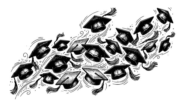 Set of hand drawn graduation caps flying in the air line sketch vector illustration in vintage etching style