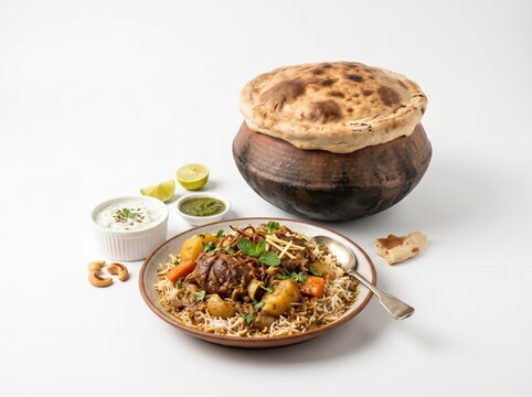 Traditional Lamb Dum Biryani in Clay Pot with Raita and Chutney on White Background