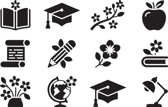 Education and school theme icon set with graduation cap globe books pencil apple desk lamp and spring cherry blossom branch art.