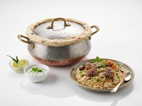 Authentic Mutton Dum Biryani Served in Traditional Handi with Raita and Spices Isolated on White
