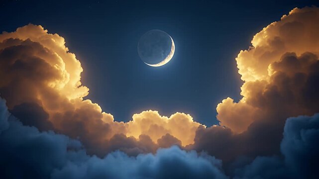 crescent moon amid golden clouds over dark night sky, serene celestial scene