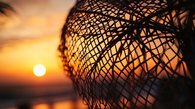 Detailed macro view of an intricate woven fishing net featuring complex patterns and dark organic textures