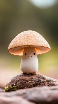 Happy mushroom with smiling face sits on textured rock in soft focus forest background.