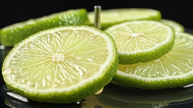 Fresh Lime Slices Close Up Macro Shot on Dark Background.