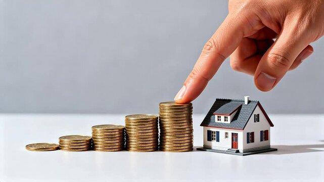 Hand balancing coins near miniature house
