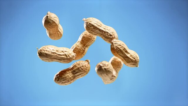 A clean 2D animation of several whole peanuts in their shells falling through the air. Set against a bright light blue background, this asset is ideal for snack food marketing, healthy eating content,