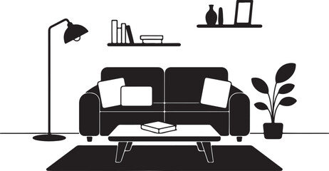 Living room furniture set with sofa floor lamp bookshelf coffee table and houseplant illustration for home interior decoration. © Kohinoor
