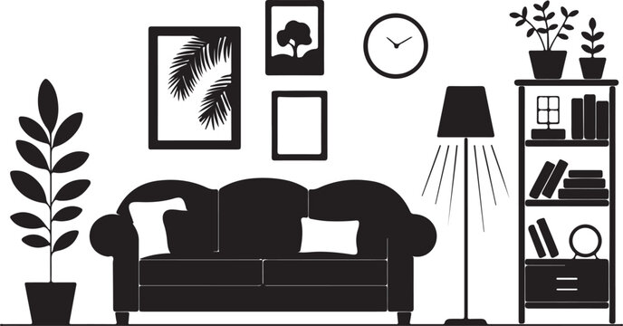 Classic living room interior with sofa floor lamp bookshelf plants and wall decorations including frames and clock silhouette.