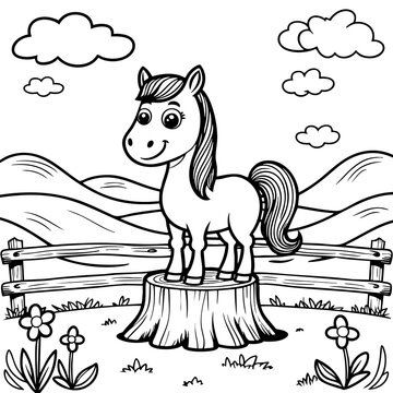 Smiling horse on stump in farm field