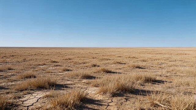 desert grassland with cracked dry earth under blue sky