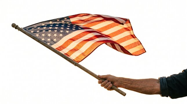 Human hand holding and waving a small American flag on a wooden stick isolated on white