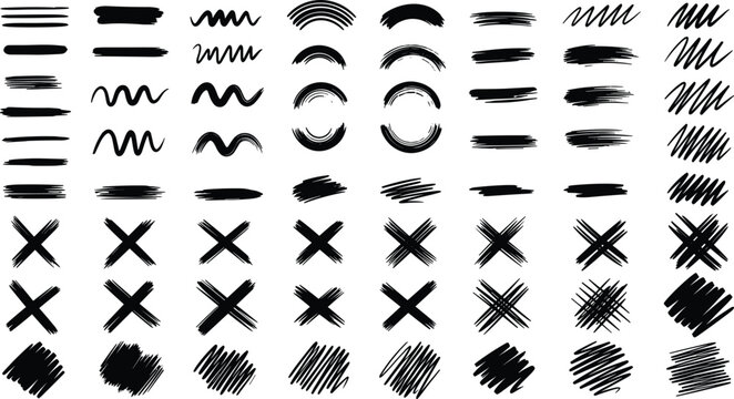 Black brush stroke textures, artistic lines, wavy curves, scribble marks, X shapes, abstract ink effects, creative art, flat vector illustration