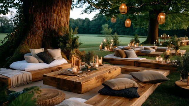 Magical Outdoor Evening Ambiance: Cozy Seating Under Fairy Lights