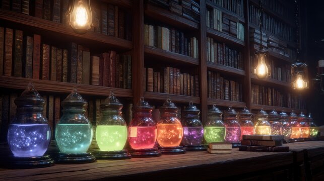 Colorful Magic Jars in Enchanted Library with Glowing Light Sources and Old Books on Wooden Table
