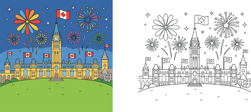 Canadian Parliament Hill with Fireworks and Flags Illustration and Coloring Page, Canada Day National Celebration Educational Vector Design for Kids Activity (161 characters)