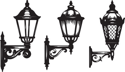 Set of three vintage street lamp silhouettes. classic old fashioned lantern collection for city street lighting. © Kohinoor