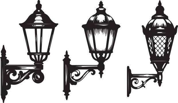 Set of three vintage street lamp silhouettes. classic old fashioned lantern collection for city street lighting.