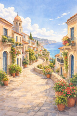 Fototapeta premium Watercolor Of A Mediterranean Coastal Village, Cobblestone Street, European Summer Aesthetic