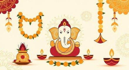 Fototapeta premium Festive Lord Ganesha idol with marigold garlands and oil lamps background