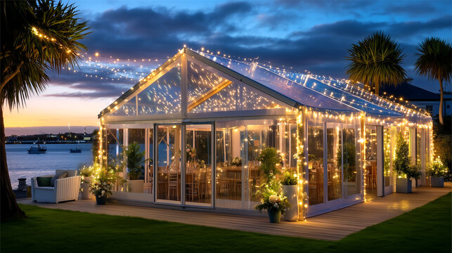 Magical Clear Tent Event Venue Lit with Twinkling Lights at Dusk