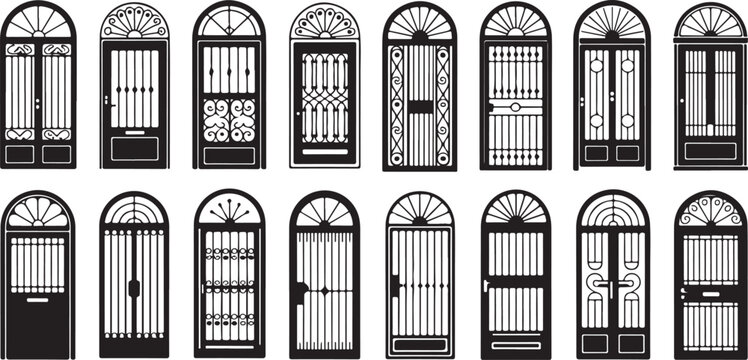 Collection of various vintage arched entrance doors with wrought iron patterns isolated on transparent background for home decor.