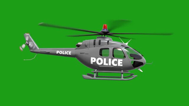 A detailed 3D passenger helicopter with distinct "POLICE" lettering and emergency lights hovers in place with fast-spinning main rotor blades. The law enforcement aircraft is isolated on a solid chrom