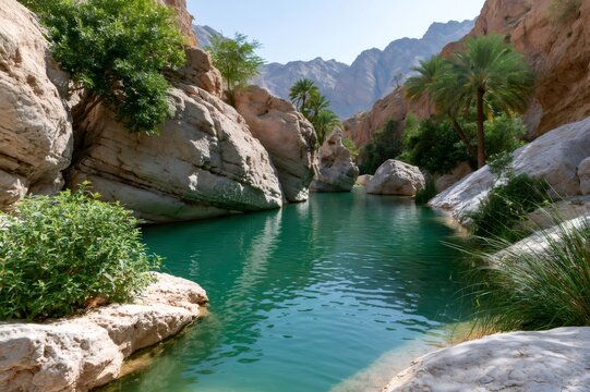 Wadi Bani Khalid emerald pool among desert mountains in Oman