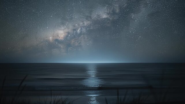milkyway over ocean at night with stars and horizon reflection grasses foreground
