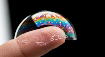 Obraz premium Iridescent Soap Bubble Resting on Fingertip Against Dark Background