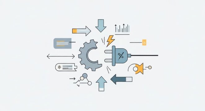 Technology system failure concept with broken gear and unplugged electrical cable